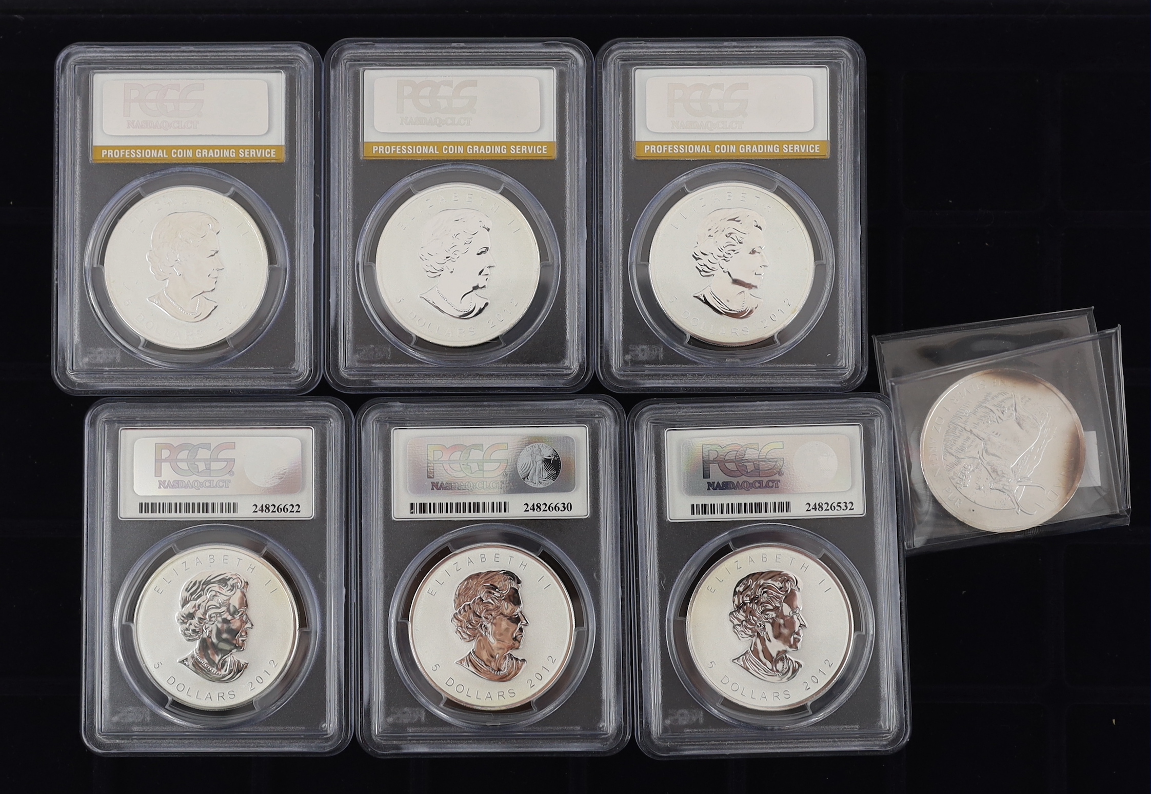 Canada QEII proof silver coins, three 2012 Maple Leaf $5, Titanic privy Mark, PCGS slabbed and graded SP69 and three 2012 Maple Leaf $5, Dragon privy Mark, PCGS graded and slabbed SP gem together with a 2013 $5 1 ounce f